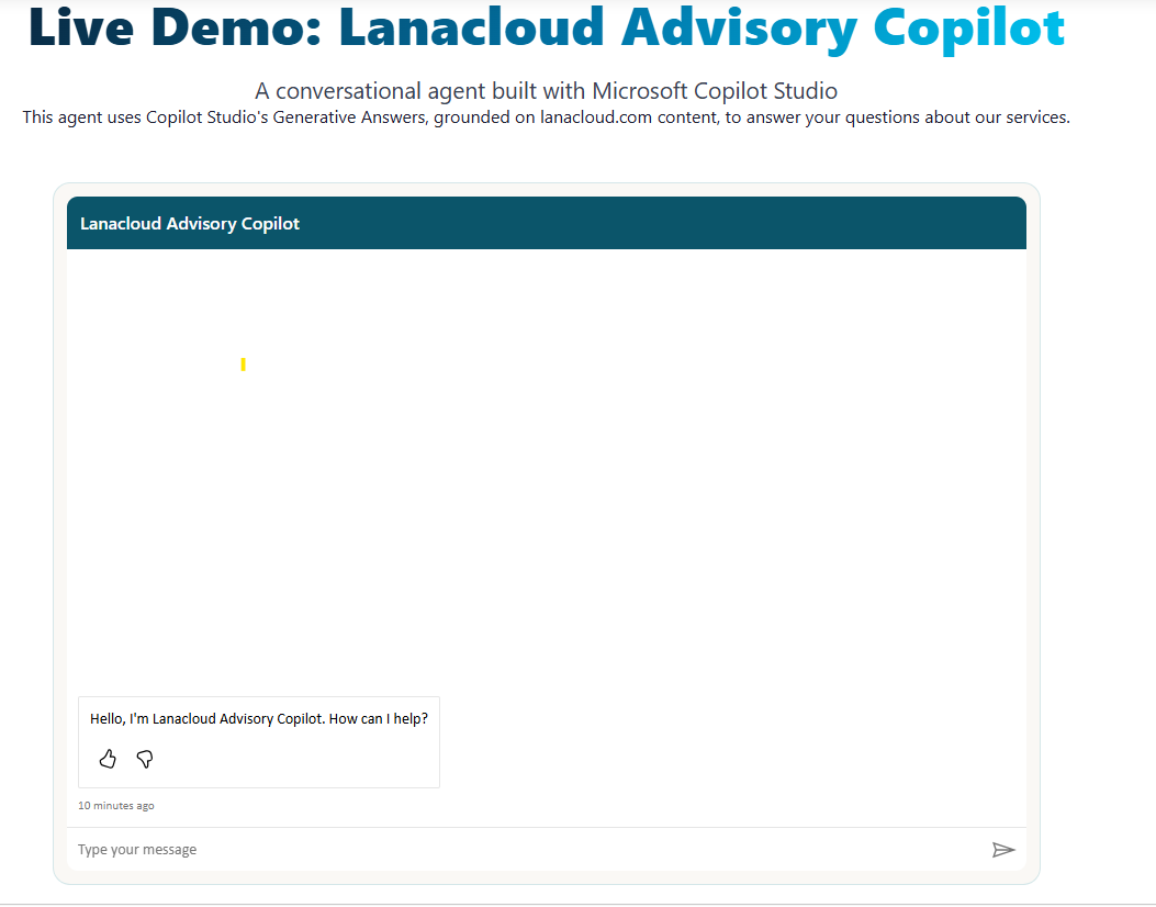 Live Lanacloud Advisory Copilot demo page on lanacloud.com with the embedded Copilot Studio web chat